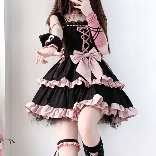 Black and Pink Ruffled Lace-Up Lolita Dress with Bow Accent