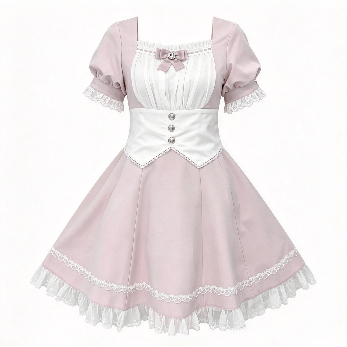 Sweet Maid Lolita Short Sleeve OP Dress with Button Waist Band and Pleated Bodice