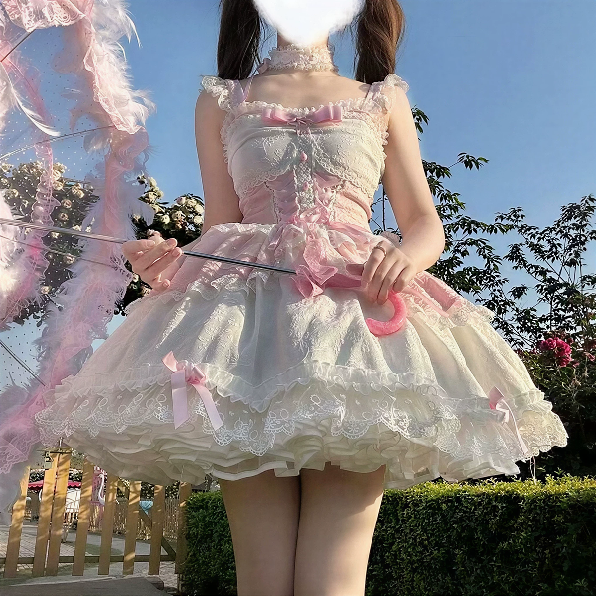 Sweet Lolita JSK Dress with Lace Overlay Peplum and Ribbon Lace-Up Bodice