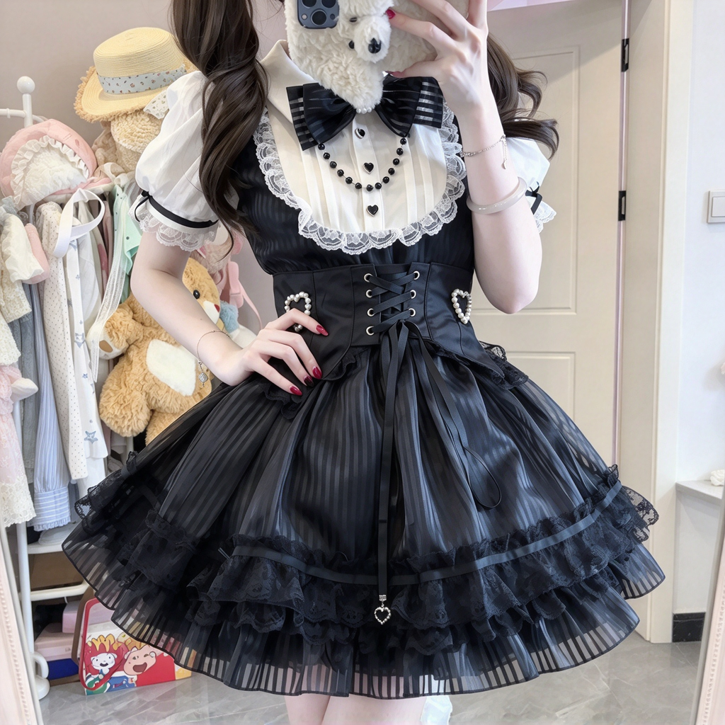 Gothic Lolita Short Sleeve OP Dress Set with Lace-Up Corset Waist and Heart Charm Streamers