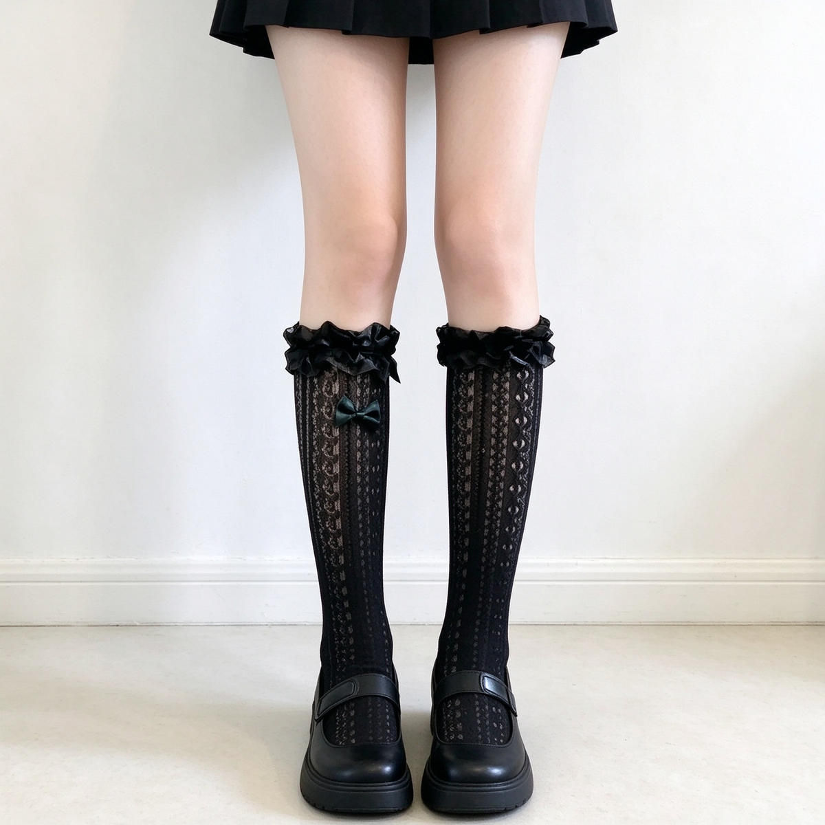 Beige and Black Mesh Patterned Ruffled Trim Bow Calf High Sweet Lolita Socks