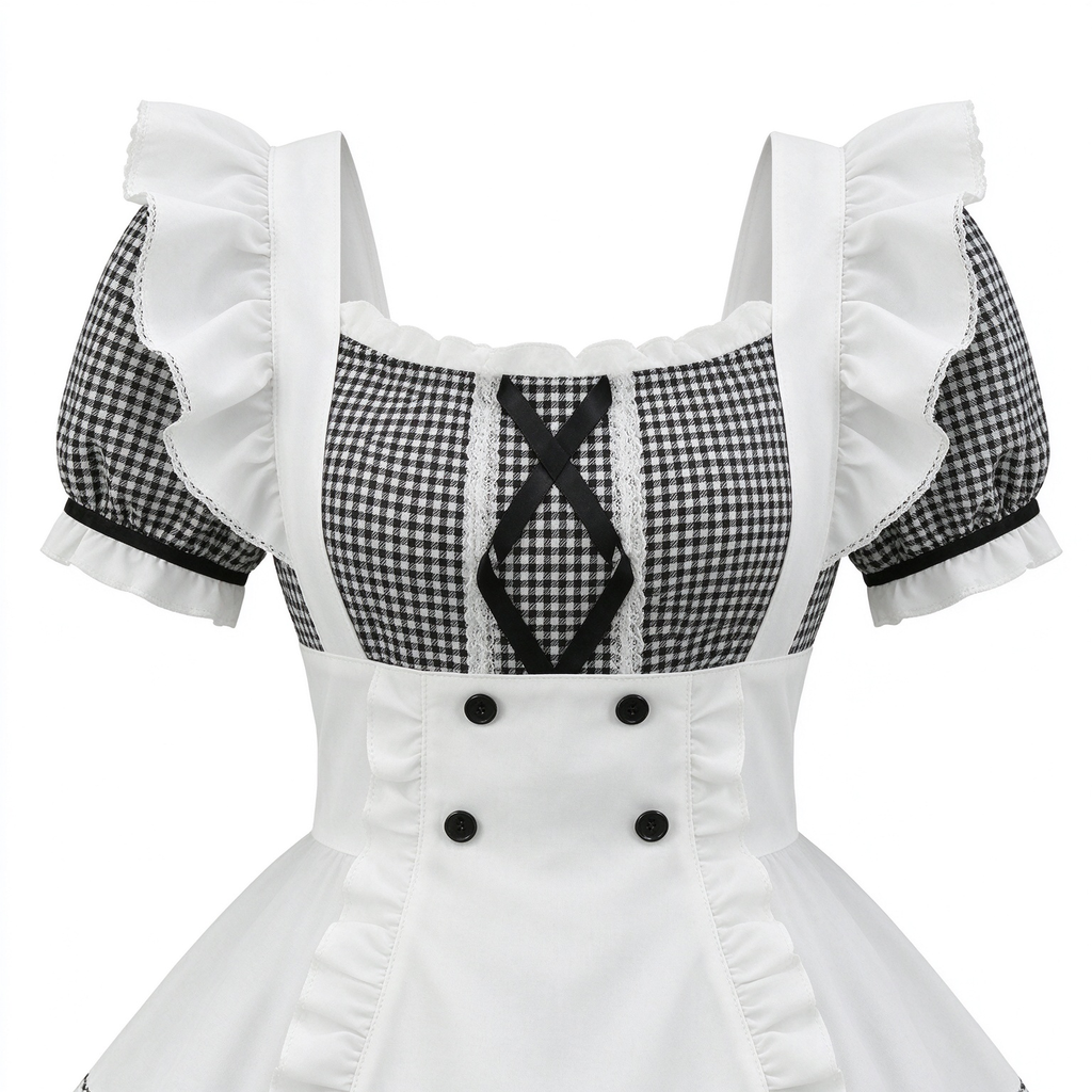 Sweet Maid Lolita Short Sleeve OP Dress Set with Houndstooth Pattern and Double-Breasted Apron