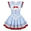 Sweet Lolita Sleeveless Gingham OP Dress with Lace Trim Yoke and Red Ribbon Bow