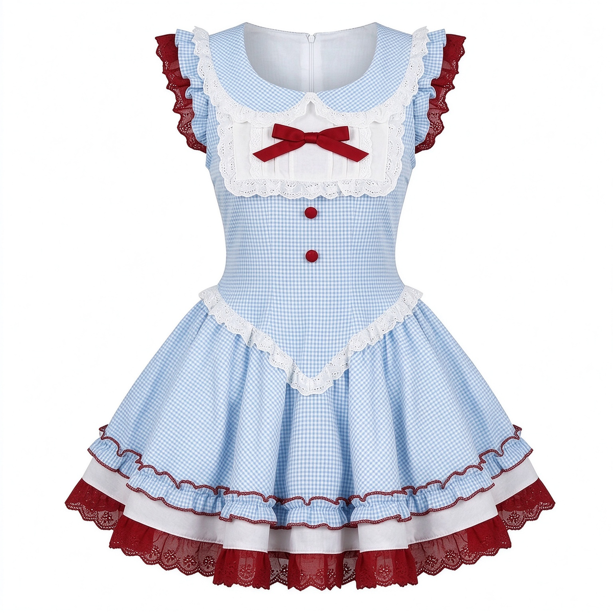 Sweet Lolita Sleeveless Gingham OP Dress with Lace Trim Yoke and Red Ribbon Bow