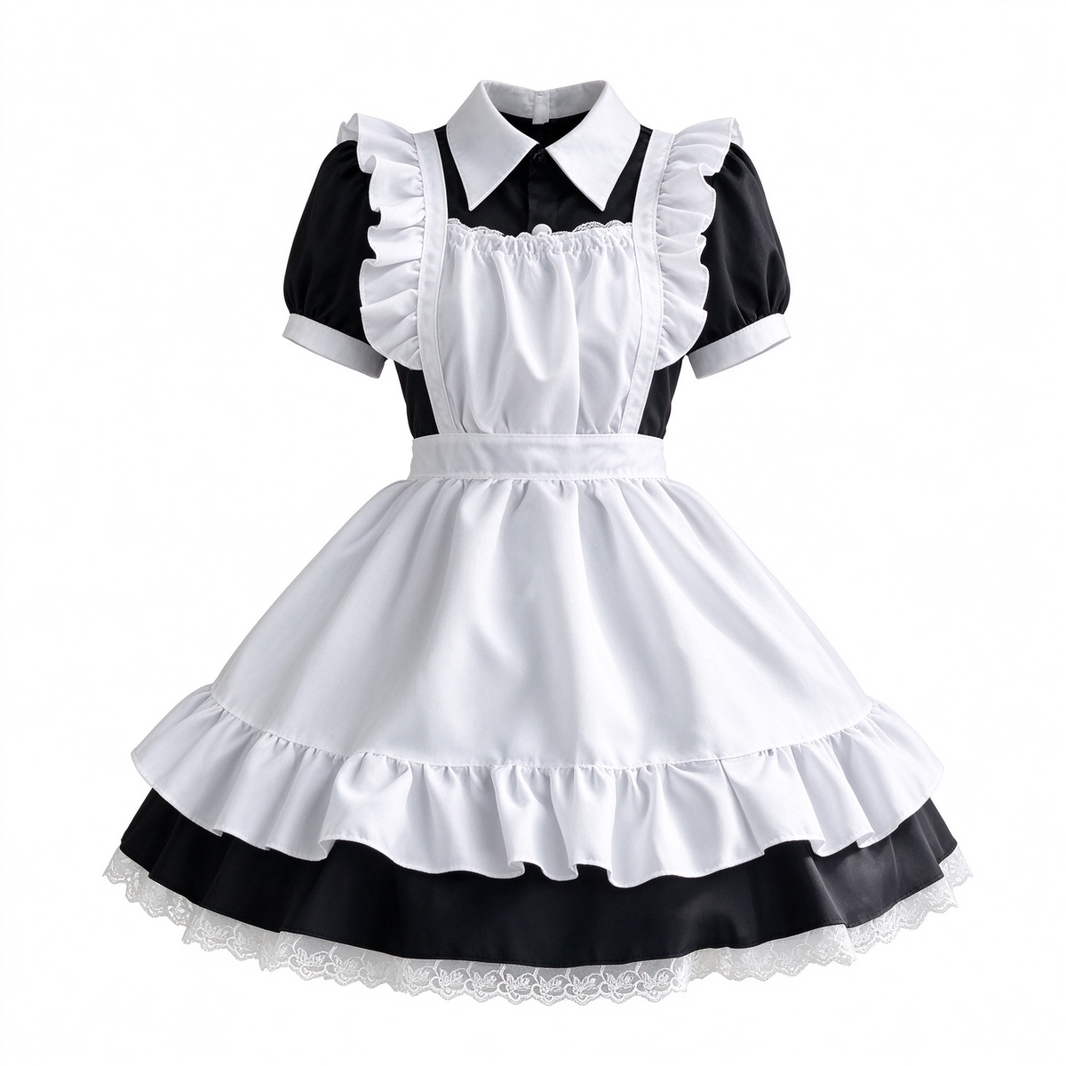 Classic Long Maid Lolita Dress Set with Pointed Collar and Ruffled Strap Apron