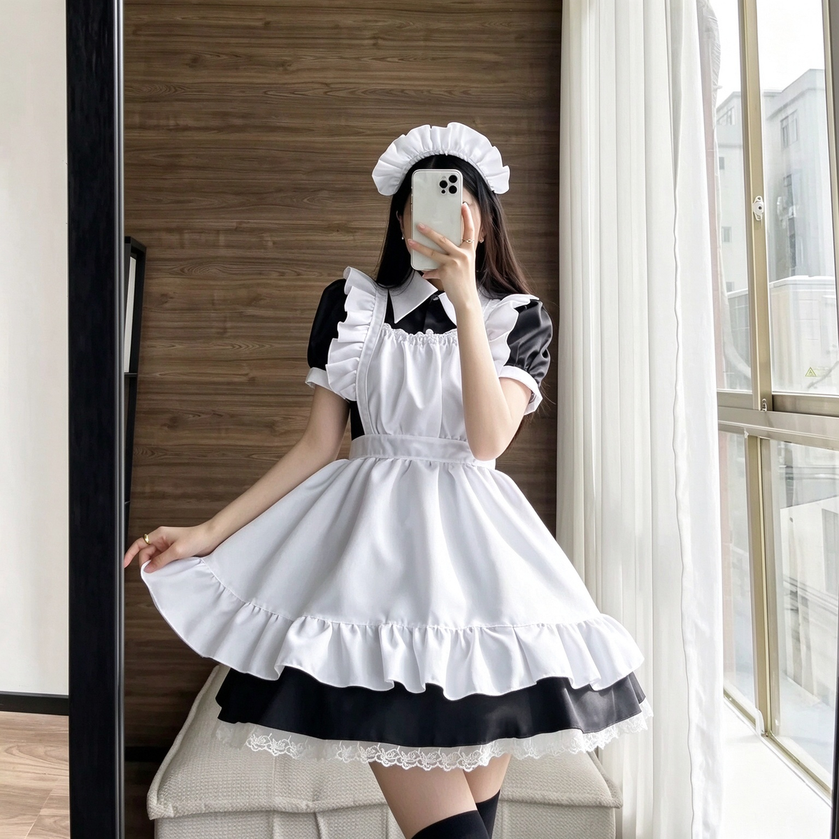 Classic Long Maid Lolita Dress Set with Pointed Collar and Ruffled Strap Apron
