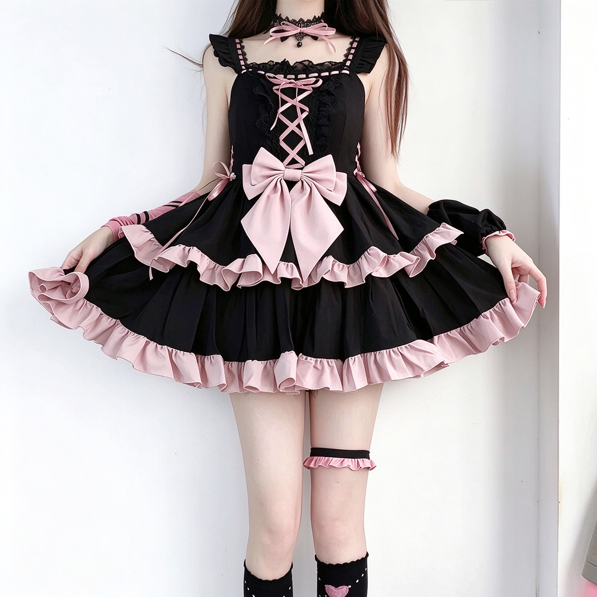 Black and Pink Ruffled Lace-Up Lolita Dress with Bow Accent