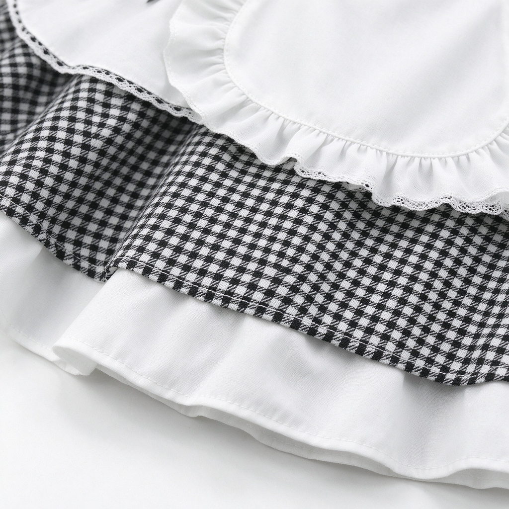 Sweet Maid Lolita Short Sleeve OP Dress Set with Houndstooth Pattern and Double-Breasted Apron
