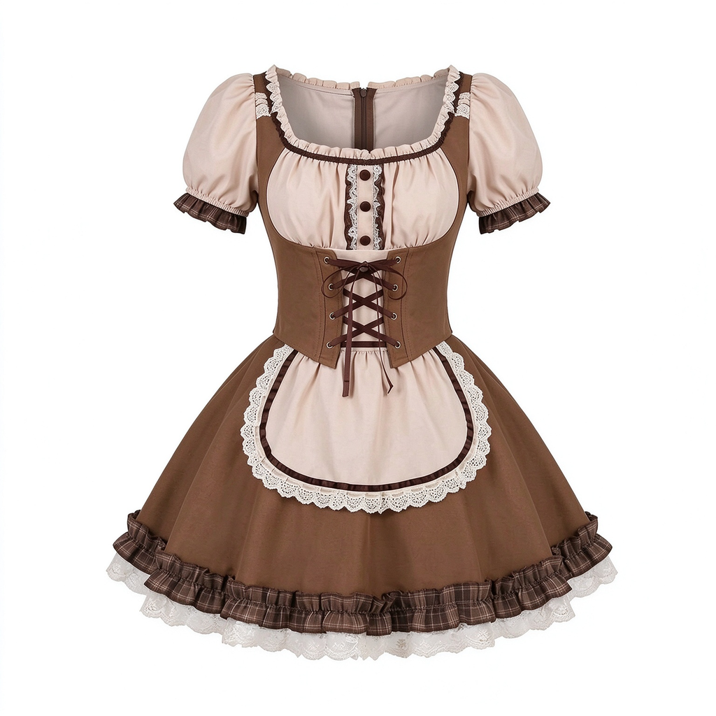 Classic Maid Lolita Short Sleeve OP Dress with Corset Lace-Up Waist and Mini Apron Accent