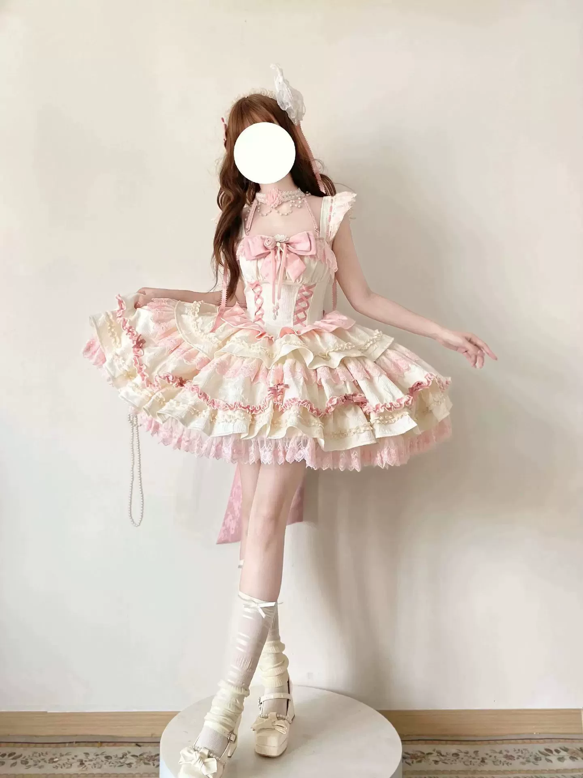 Princess Tea Party Sweet Lolita Dress with Twin Crisscross Laced Bodice and Tiered Skirt