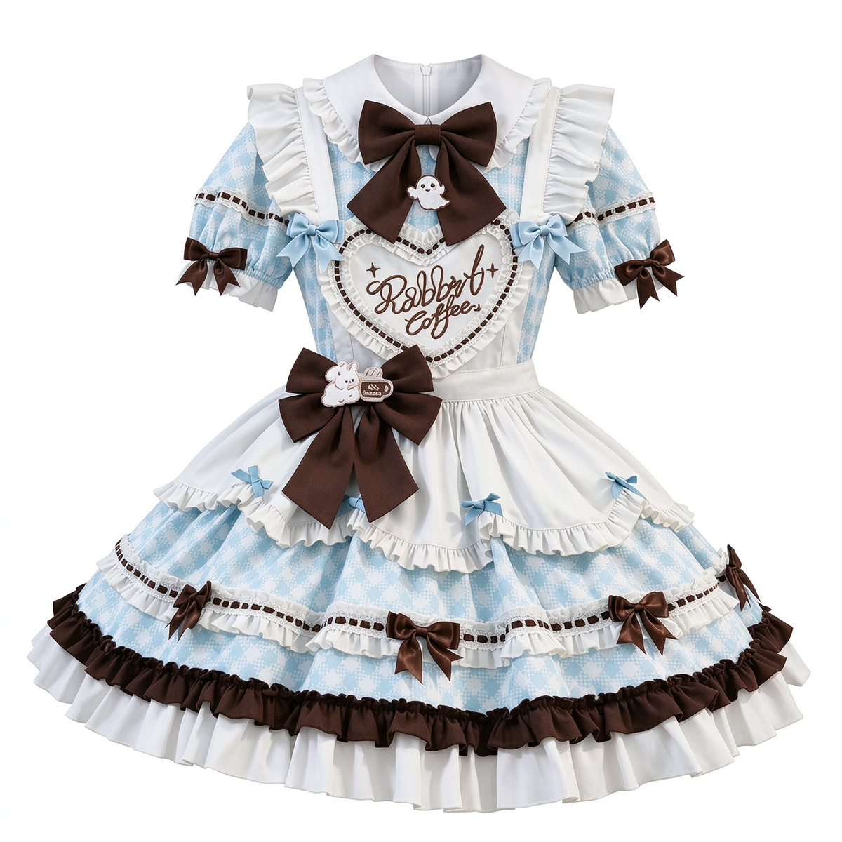 Sweet Maid Lolita Short Sleeve OP Dress Set with Coffee Embroidery Apron and Ghost Bow Accent