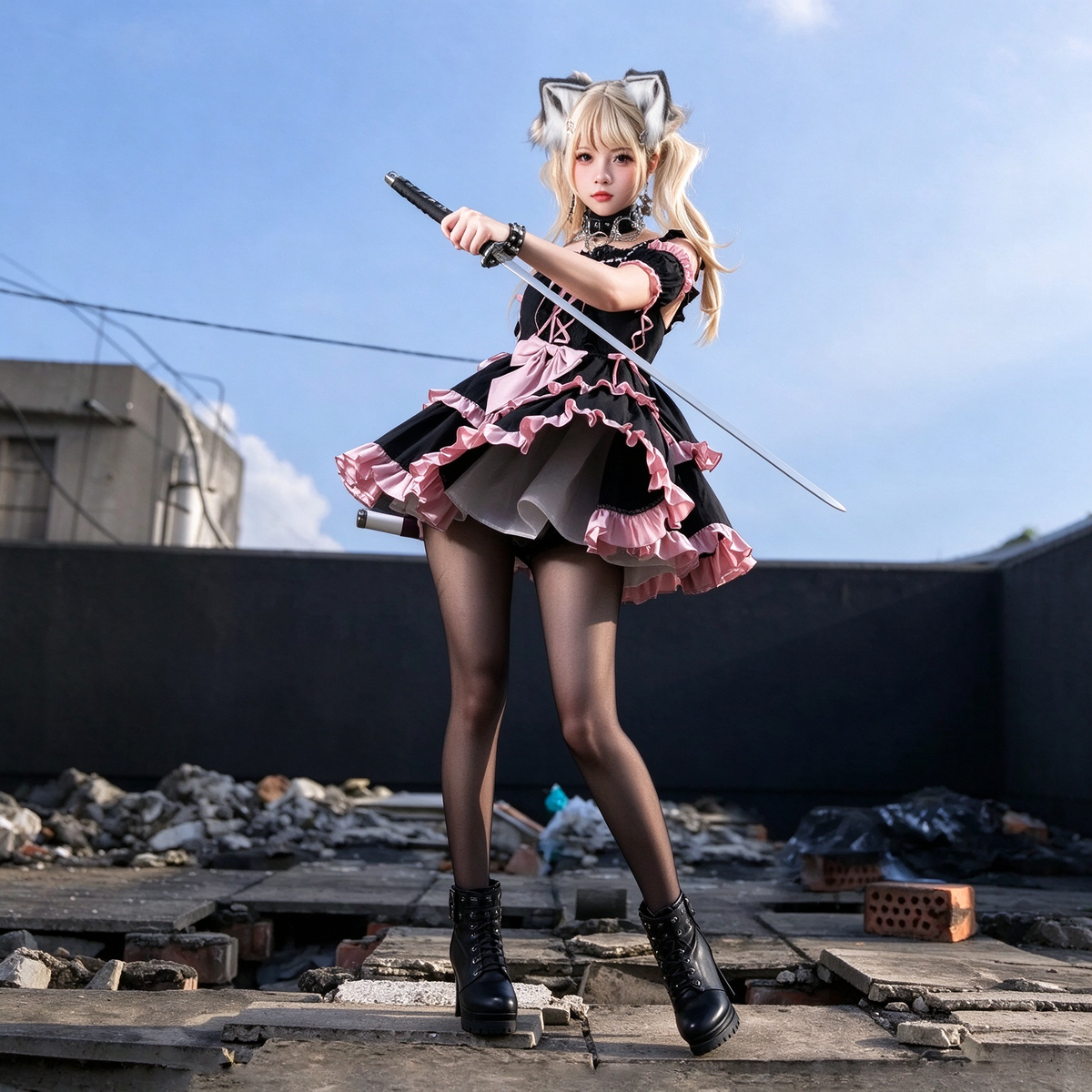 Black and Pink Ruffled Lace-Up Lolita Dress with Bow Accent