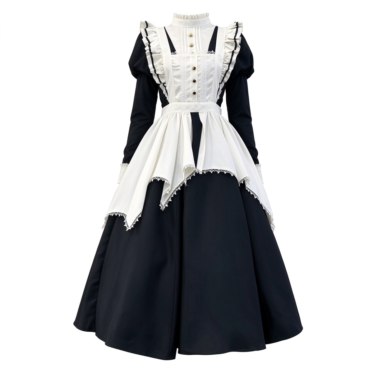 Classic Long Maid Lolita Dress Set with Asymmetric Handkerchief Apron and Gold Buttons