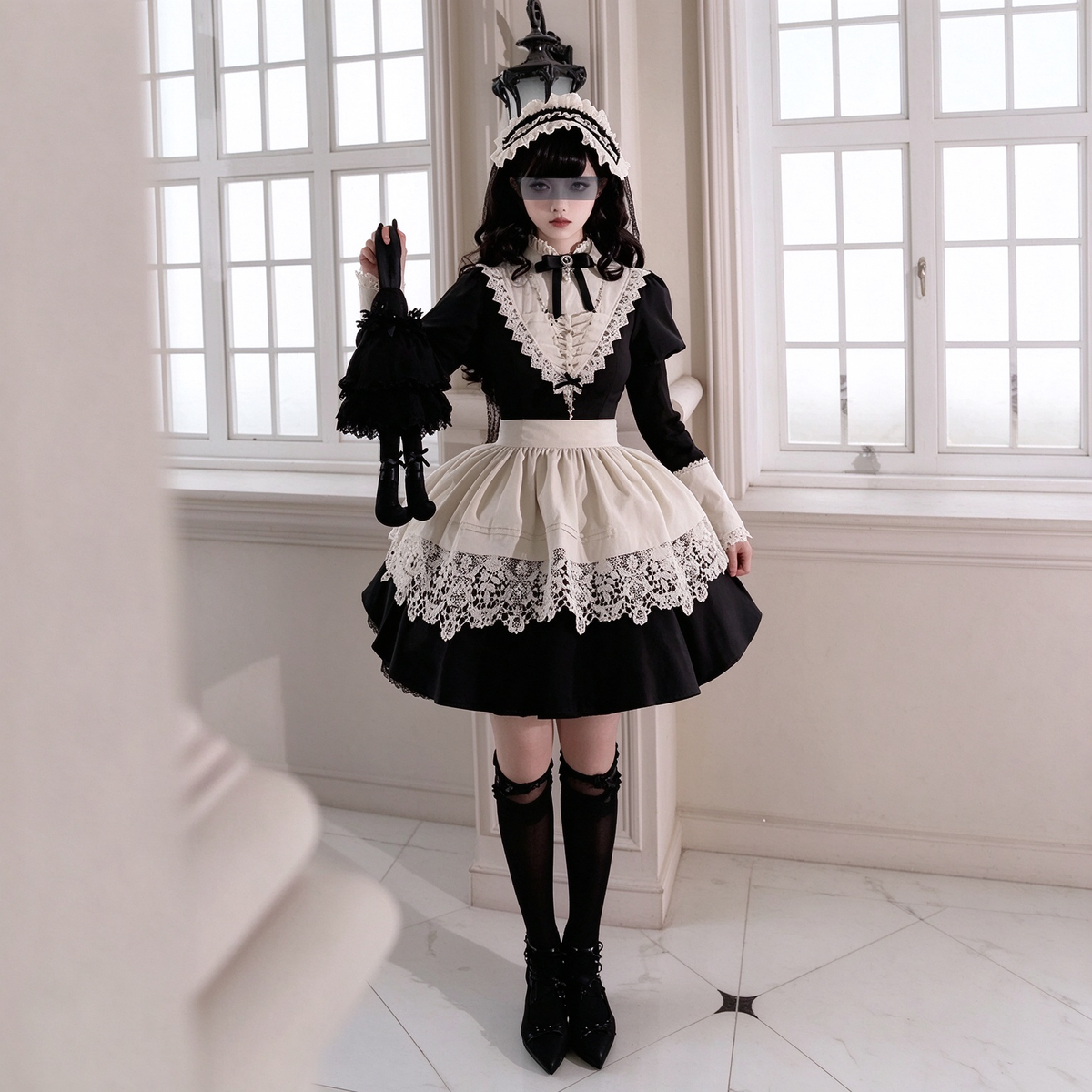 Classic Maid Lolita Short Sleeve Long OP Dress Set with V-Neck Lace Yoke and Pointed Apron