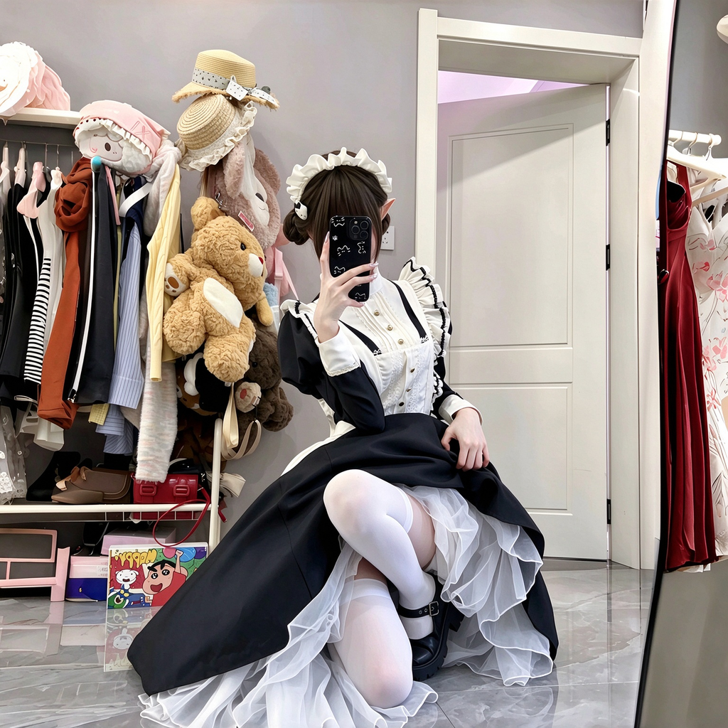 Classic Long Maid Lolita Dress Set with Asymmetric Handkerchief Apron and Gold Buttons