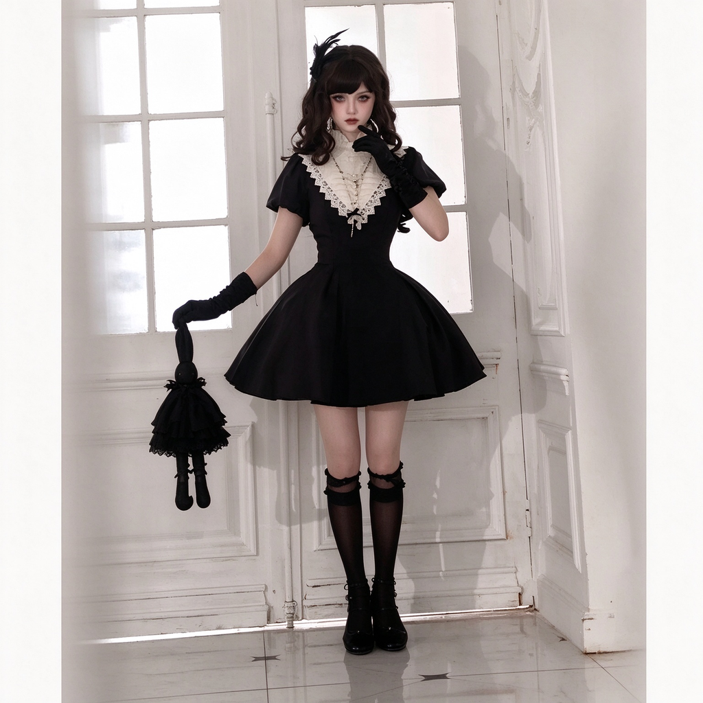 Classic Maid Lolita Short Sleeve Long OP Dress Set with V-Neck Lace Yoke and Pointed Apron