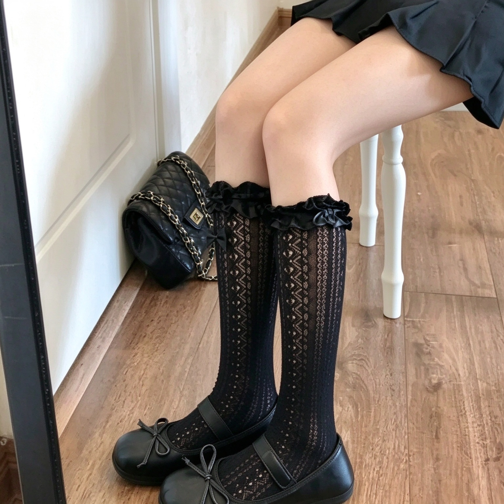 Beige and Black Mesh Patterned Ruffled Trim Bow Calf High Sweet Lolita Socks