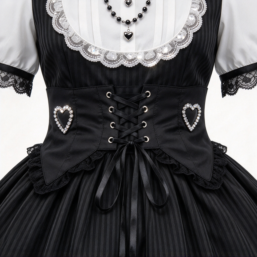 Gothic Lolita Short Sleeve OP Dress Set with Lace-Up Corset Waist and Heart Charm Streamers