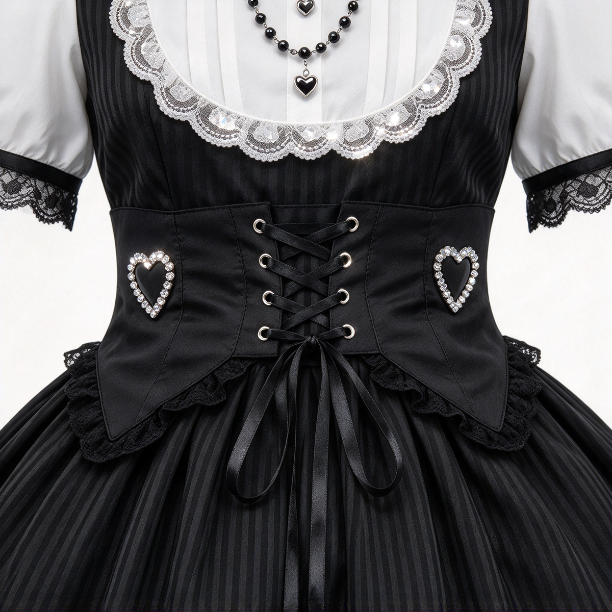 Gothic Lolita Short Sleeve OP Dress Set with Lace-Up Corset Waist and Heart Charm Streamers