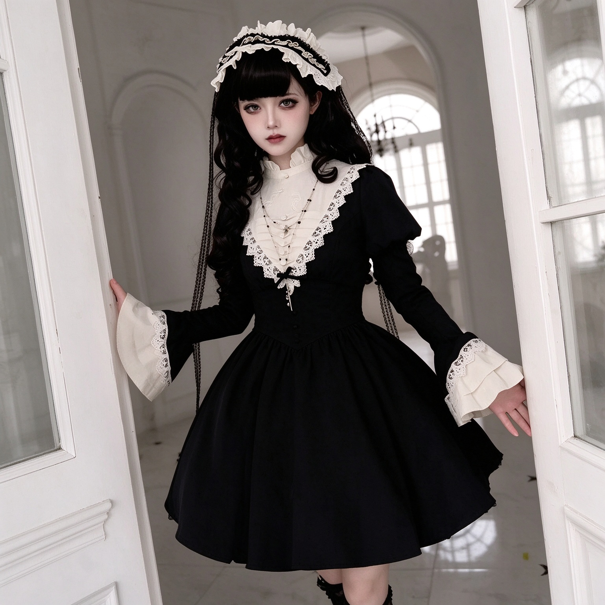 Classic Maid Lolita Short Sleeve Long OP Dress Set with V-Neck Lace Yoke and Pointed Apron