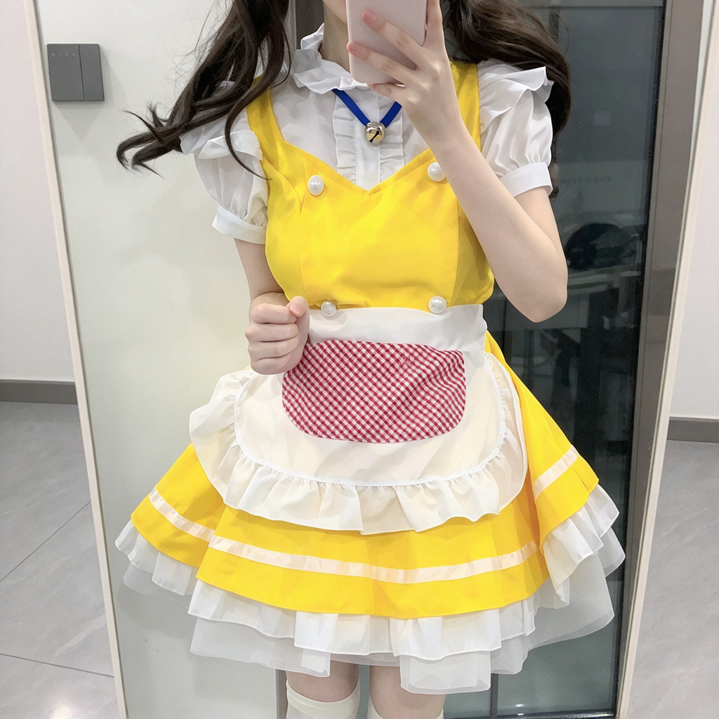 Sweet Maid Lolita Short Sleeve OP Dress Set with Pearl Button Vest and Gingham Pocket Apron
