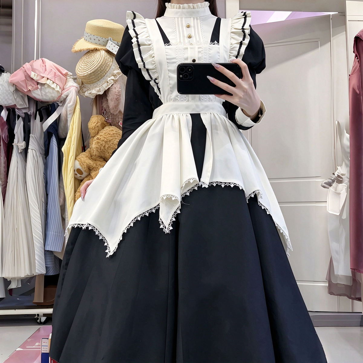 Classic Long Maid Lolita Dress Set with Asymmetric Handkerchief Apron and Gold Buttons