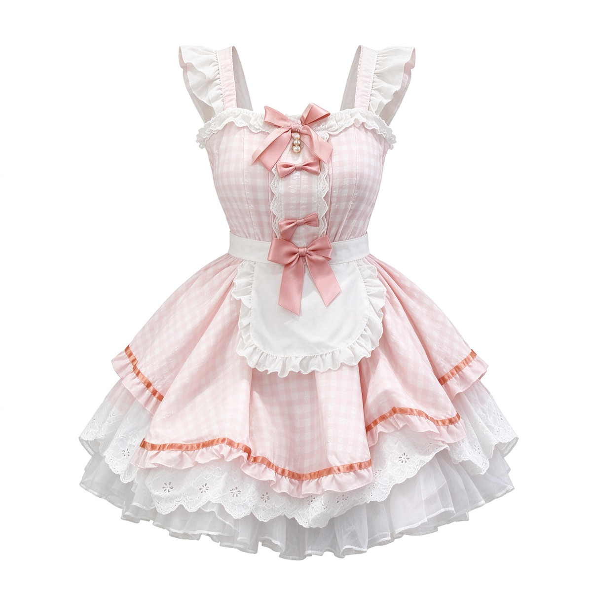 Pink Gingham Ruffled Maid Lolita Dress with Apron Bow Accent