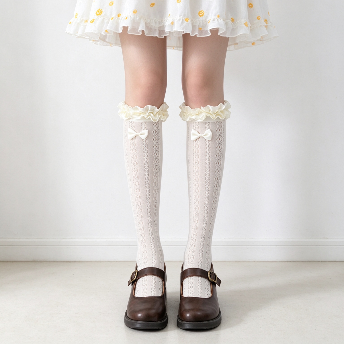 Beige and Black Pointelle Mesh Ruffled Bow Calf High Sweet Lolita Socks