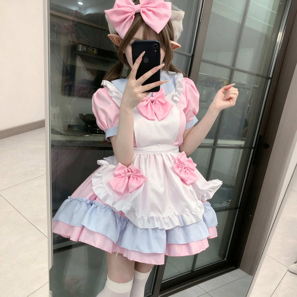 Sweet Maid Lolita Short Sleeve OP Dress Set with Tiered Ruffle Skirt and Apron Bow Accents