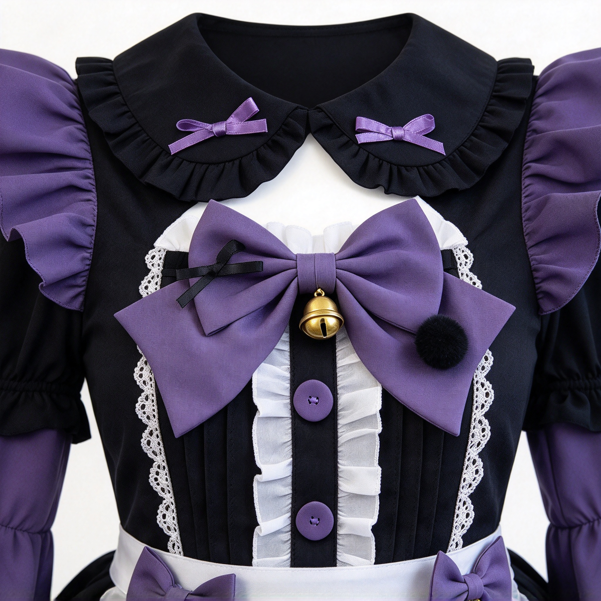 Purple and Black Lace Gothic Maid Lolita Dress Set with Bell Bows