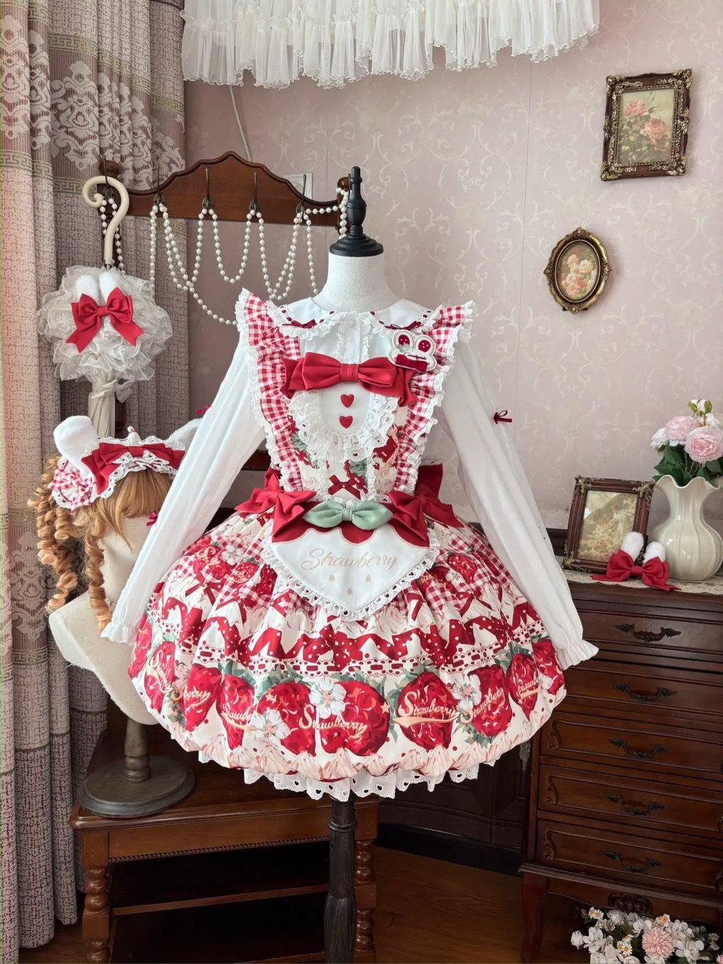 Sweet Maid Lolita Long Sleeve OP Dress Set with Strawberry Print and Heart Apron