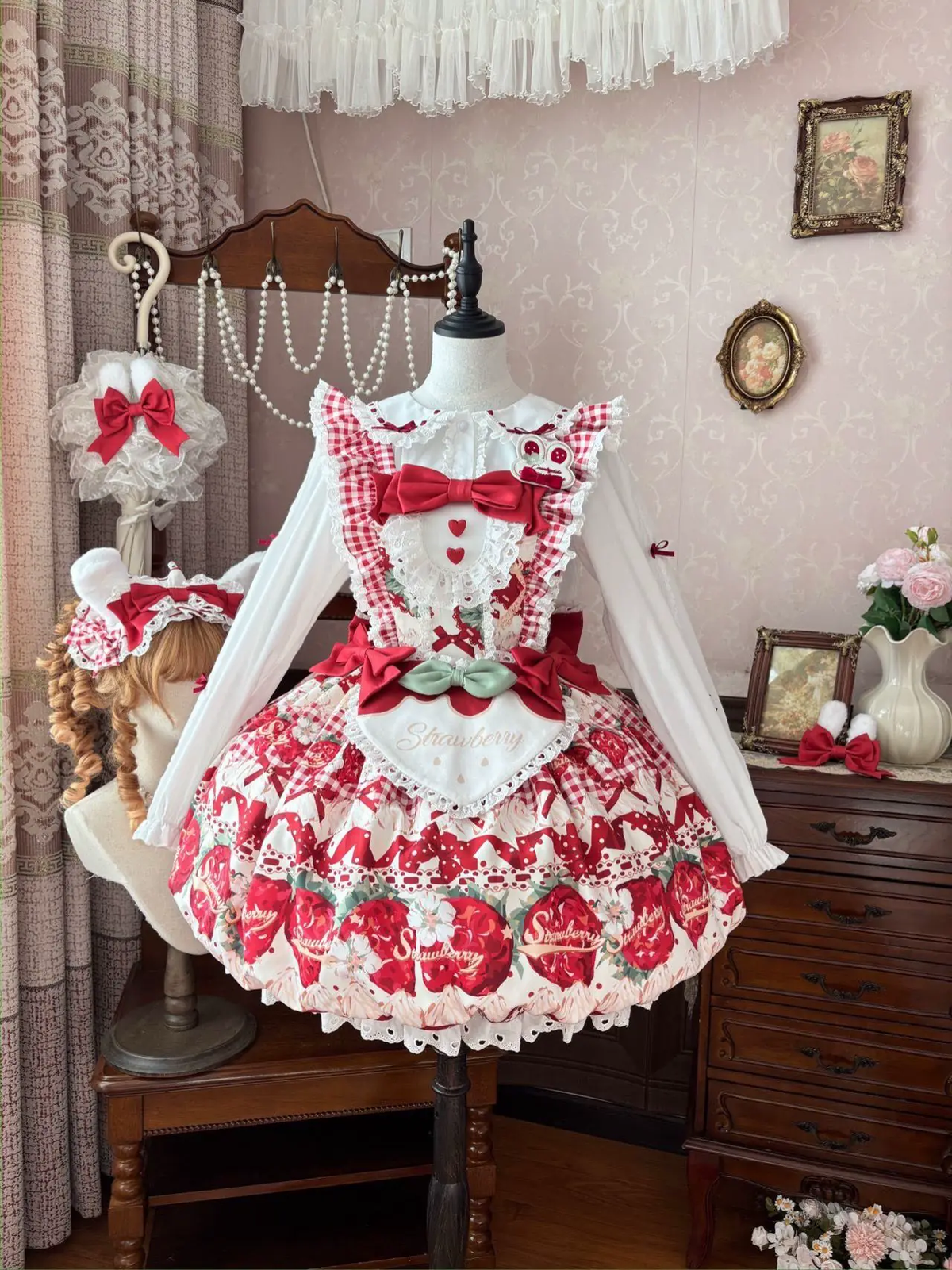 Sweet Maid Lolita Long Sleeve OP Dress Set with Strawberry Print and Heart Apron