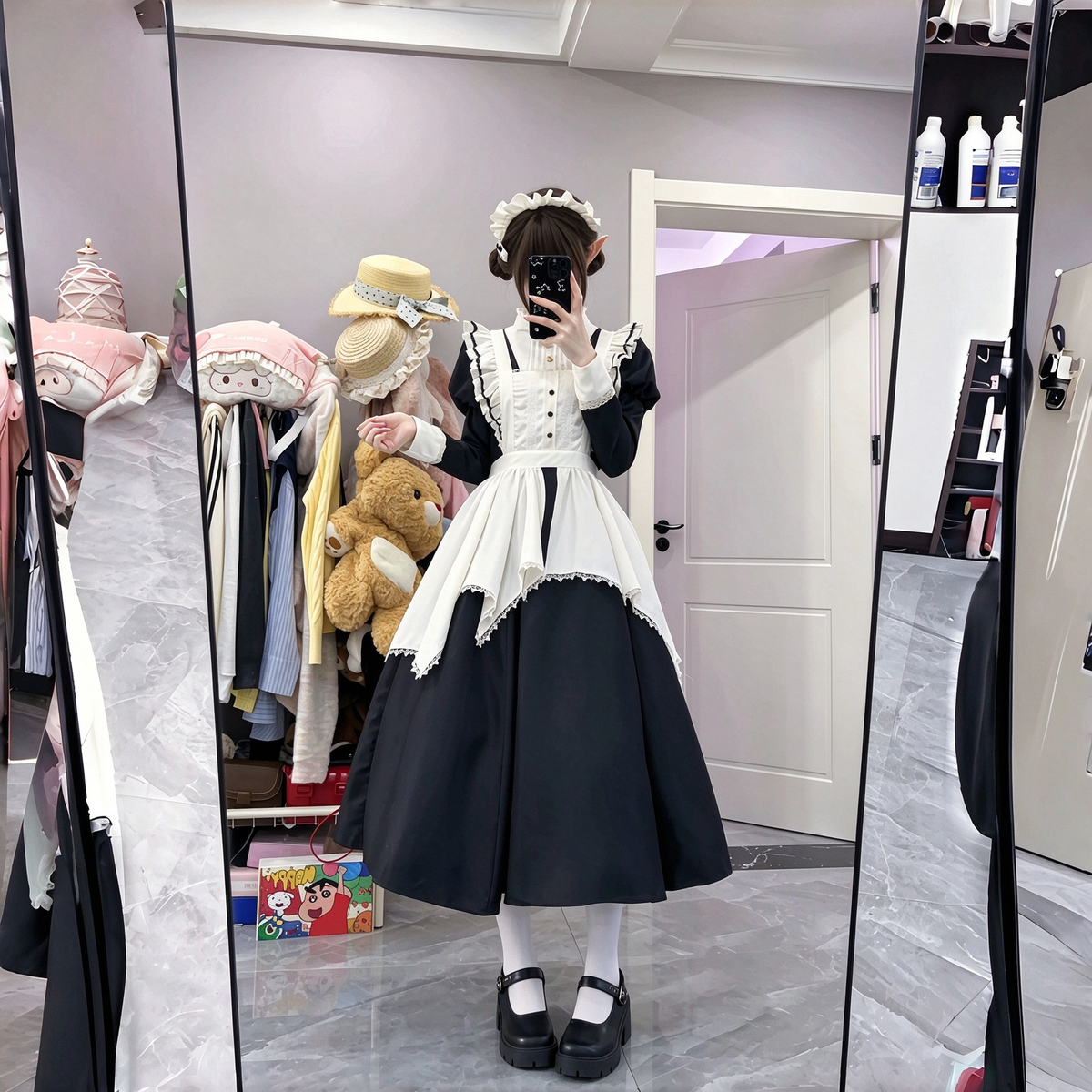 Classic Long Maid Lolita Dress Set with Asymmetric Handkerchief Apron and Gold Buttons