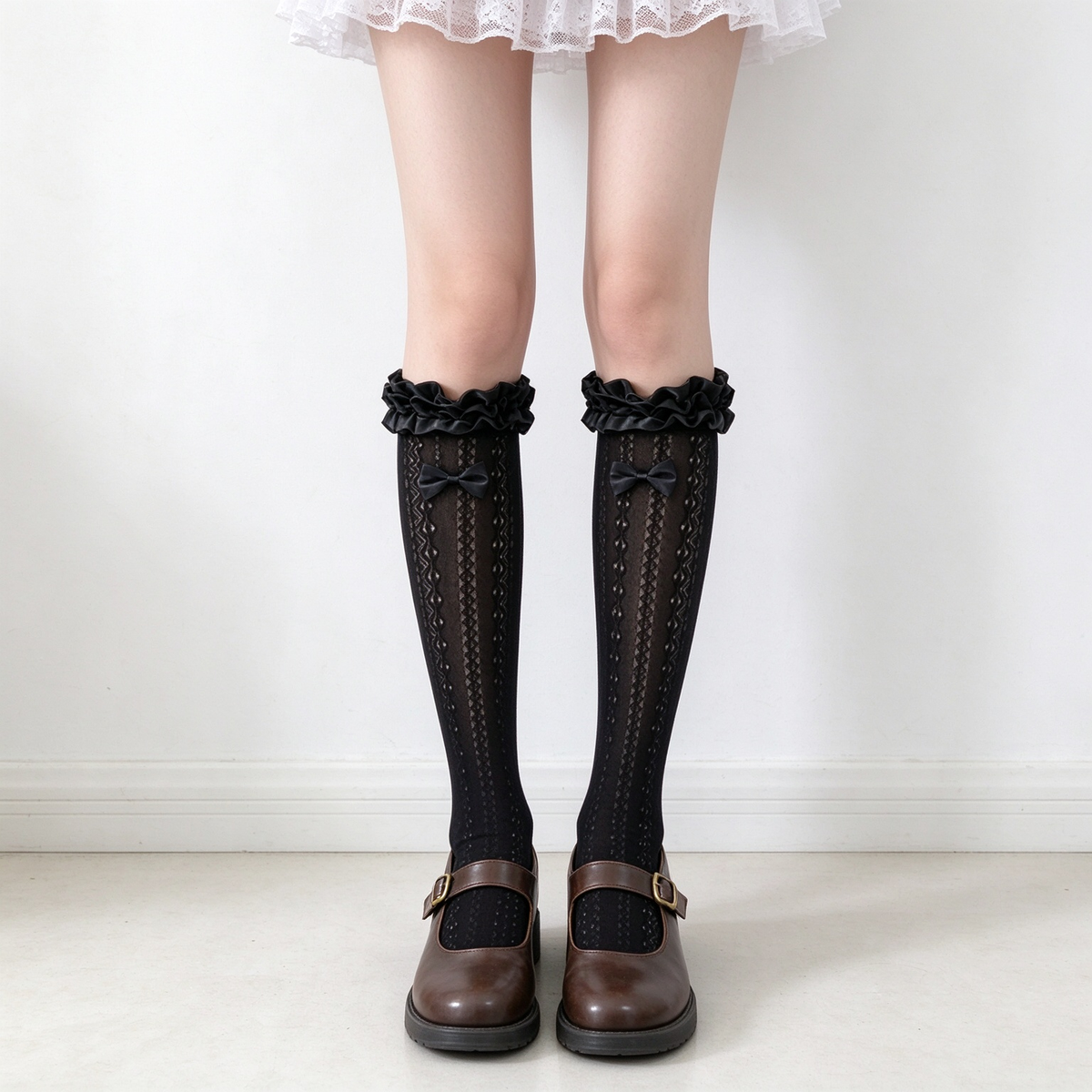 Beige and Black Pointelle Mesh Ruffled Bow Calf High Sweet Lolita Socks