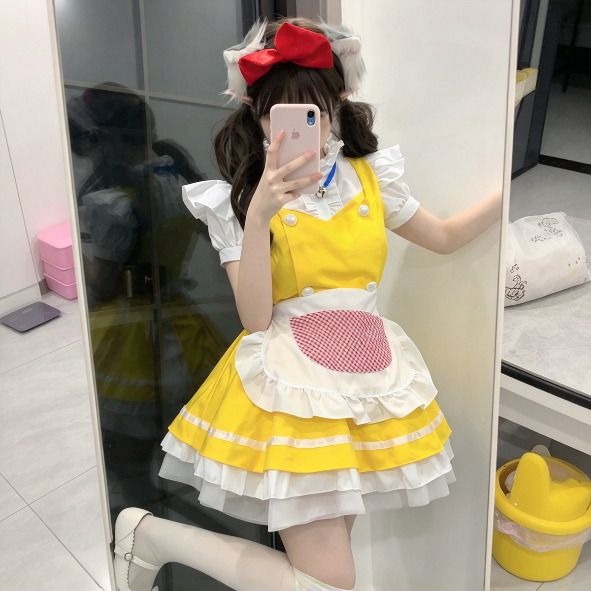 Sweet Maid Lolita Short Sleeve OP Dress Set with Pearl Button Vest and Gingham Pocket Apron