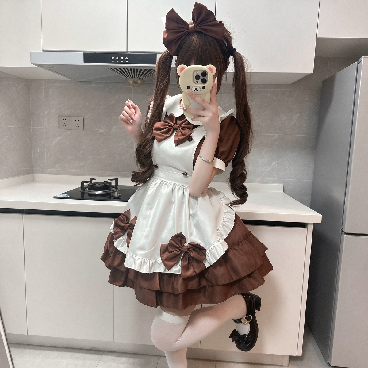 Sweet Maid Lolita Short Sleeve OP Dress Set with Tiered Ruffle Skirt and Apron Bow Accents