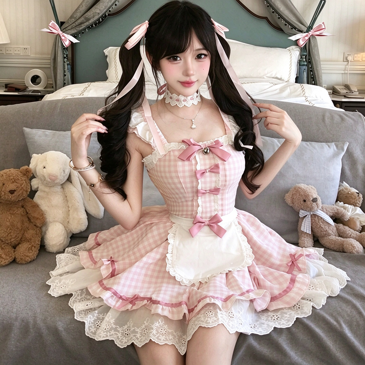 Pink Gingham Ruffled Maid Lolita Dress with Apron Bow Accent