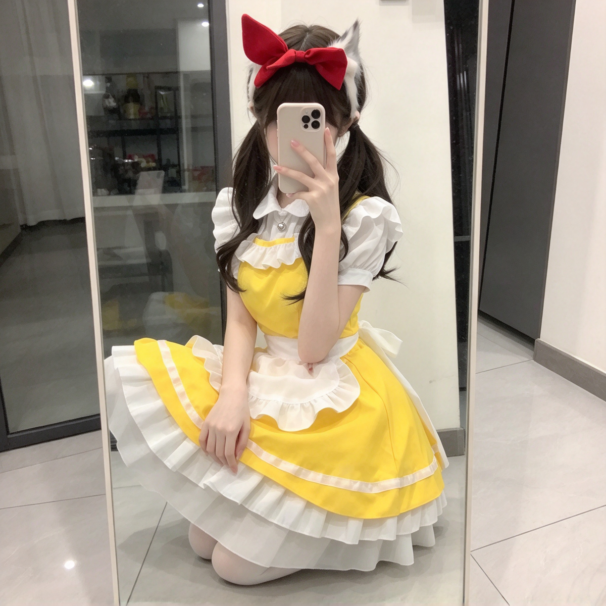 Sweet Maid Lolita Short Sleeve OP Dress Set with Pearl Button Vest and Gingham Pocket Apron