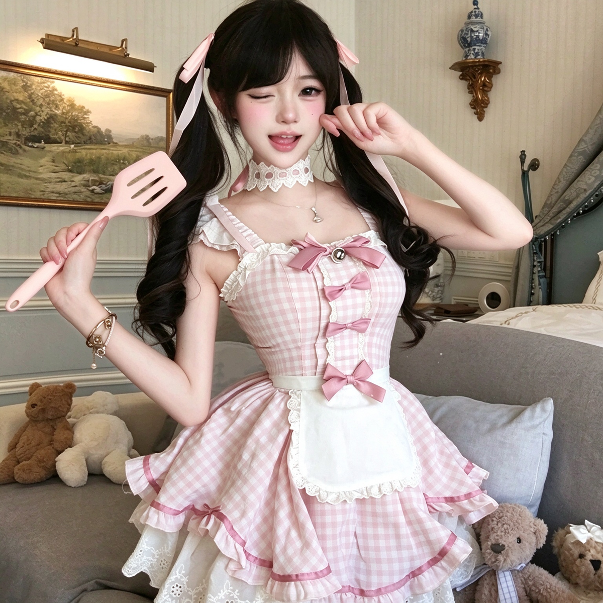 Pink Gingham Ruffled Maid Lolita Dress with Apron Bow Accent