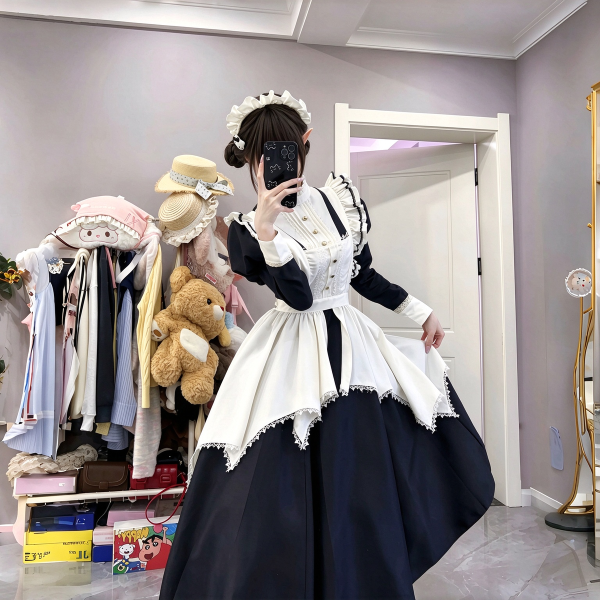 Classic Long Maid Lolita Dress Set with Asymmetric Handkerchief Apron and Gold Buttons