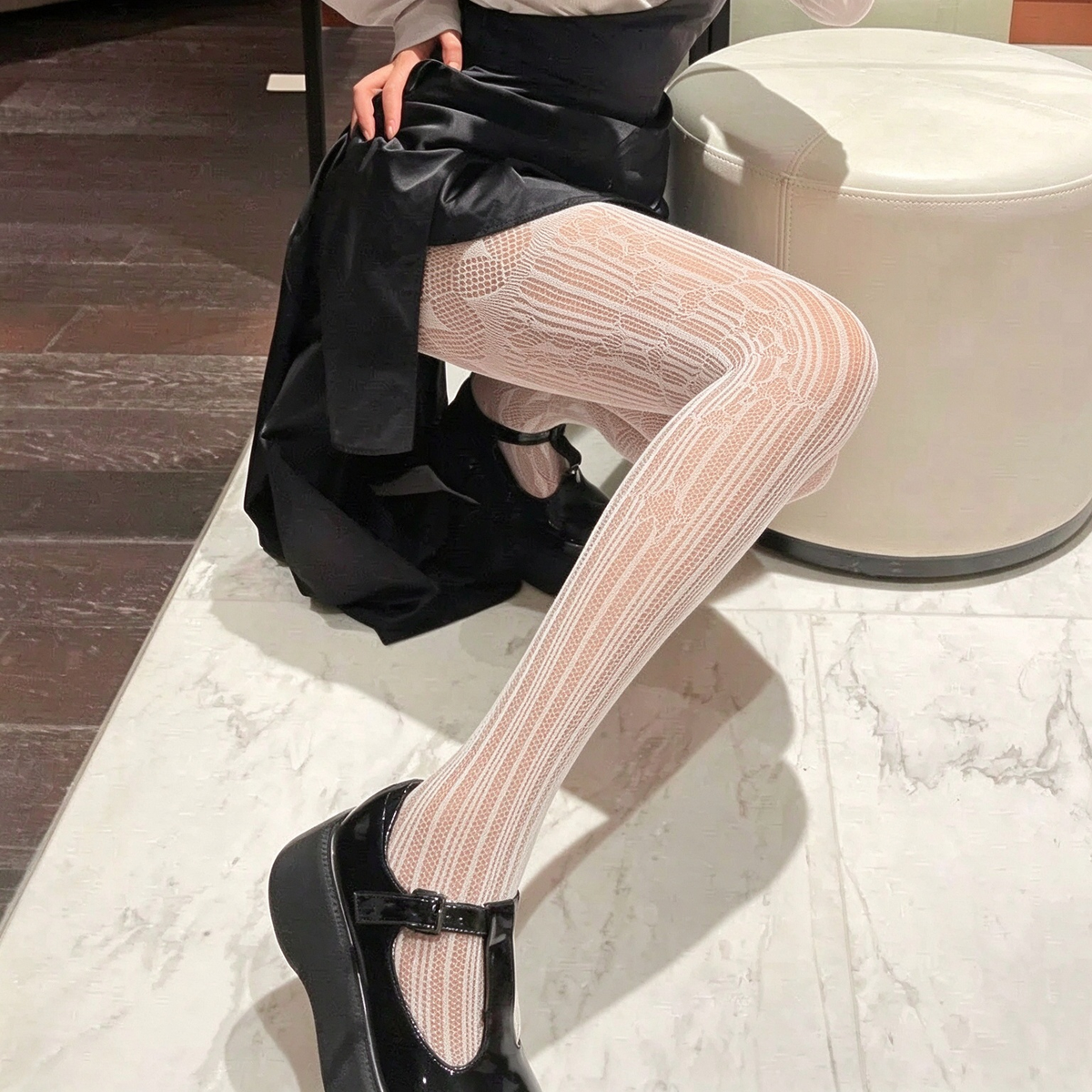 Black and White Argyle Floral Patterned Sheer High-Thigh Lolita Stockings