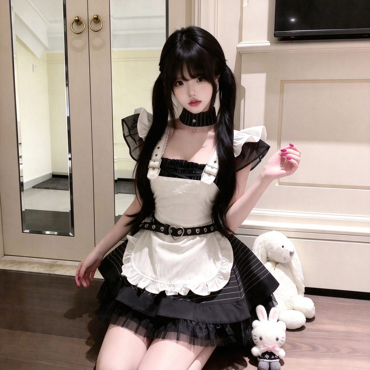 Sweet Maid Lolita Short Sleeve OP Dress Set with High-Waist Heart Buckle Belt and Fitted Waistband