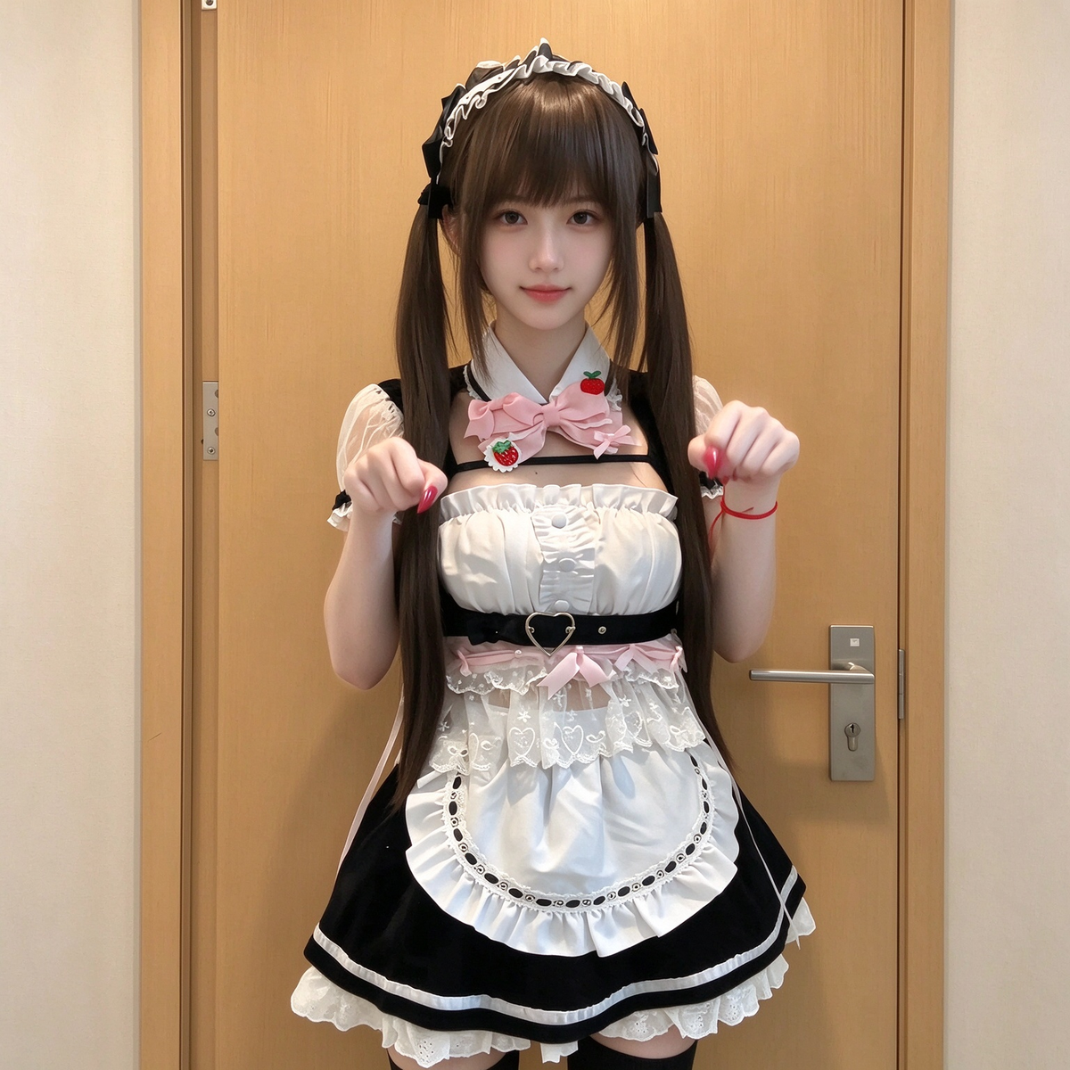 Black and White Ruffled Maid Lolita Dress with Pink Apron Bow Accent