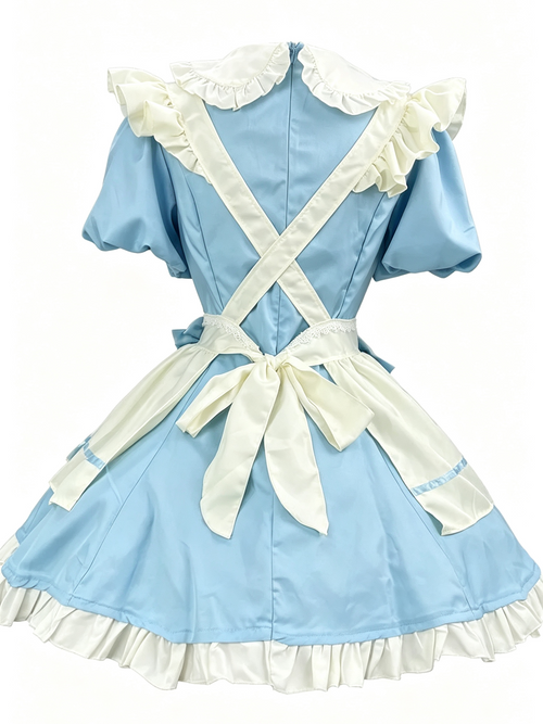 Blue and White Ruffled Lolita Dress with Apron Bow Accent