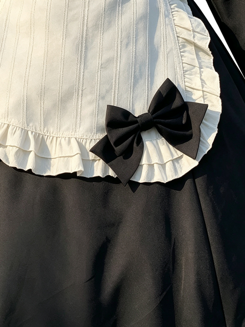 Black Cream Ruffled Maid Style Dress Vintage Lolita Long Sleeve Outfit