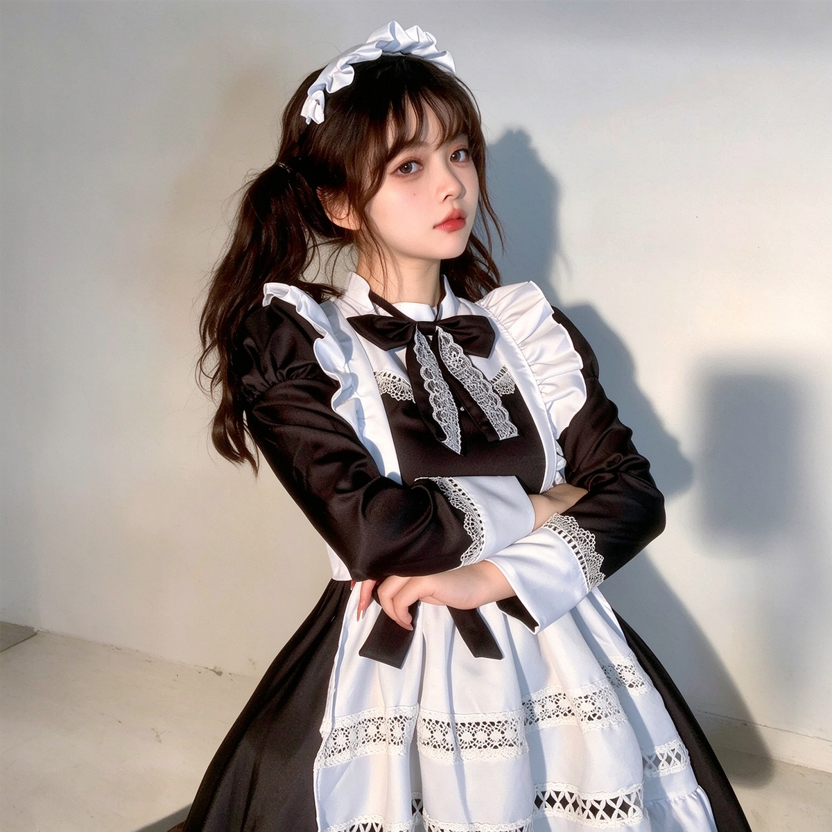 Classic Maid Lolita Long Sleeve OP Dress Set with Ruffled Shoulder Strap Apron