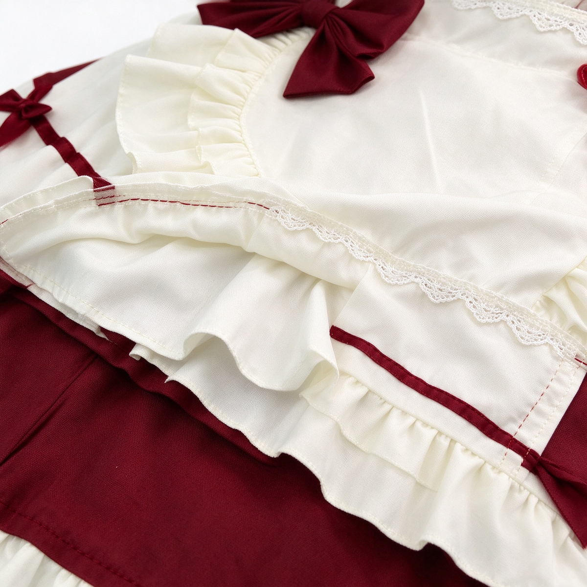 Burgundy and White Lace Gothic Maid Lolita Dress Set with Bell Bows