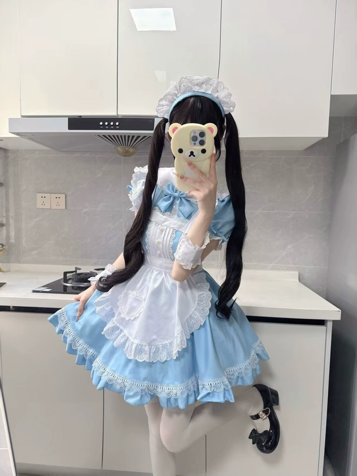 Sweet Maid Lolita Short Sleeve OP Dress Set with Pleated Pearl Yoke and Eyelet Lace Apron
