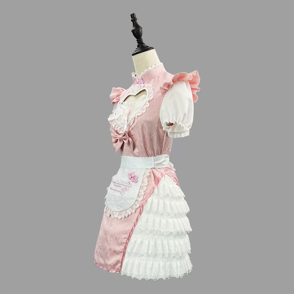 Sweet Maid Lolita Short Sleeve OP Dress Set with Heart Cutout Yoke and Side Ruffle Overlay