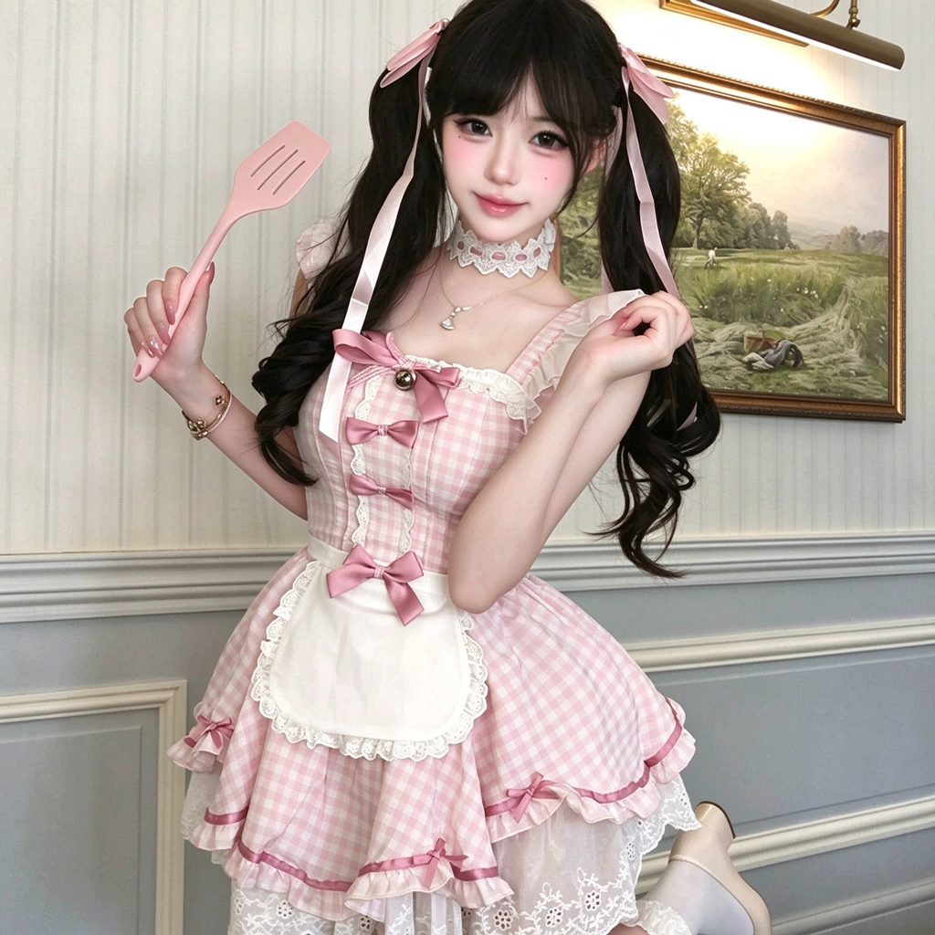Pink Gingham Ruffled Maid Lolita Dress with Apron Bow Accent